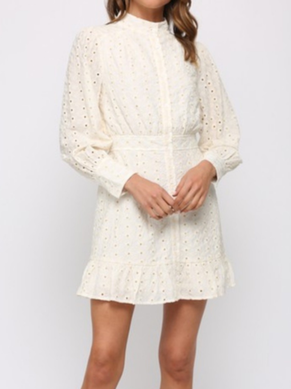 FATE Women's Dress Short Eyelet Long Sleeves Ivory Cottage Core Victorian Look